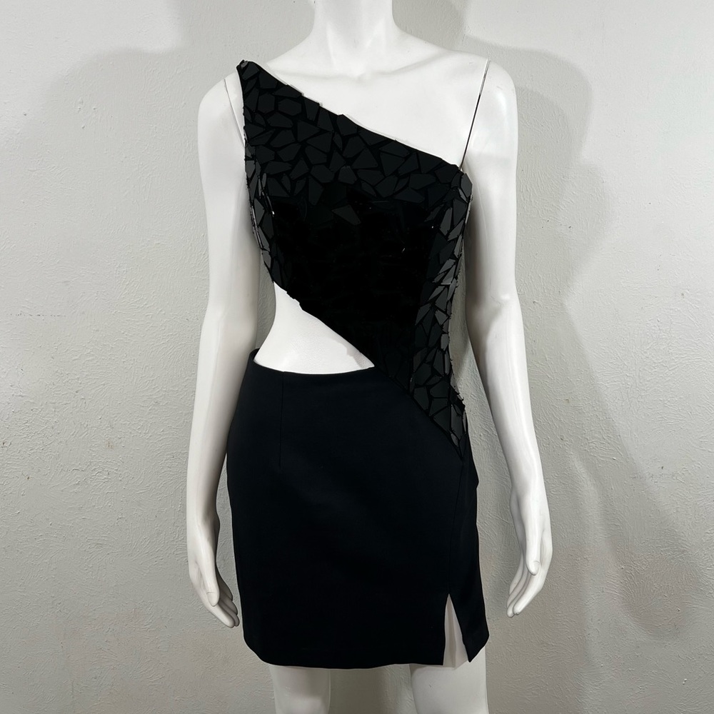 Sherri Hill Black One Shoulder Mirror-Cut Sequins Sheath Cut-Out  Dress Sz 6